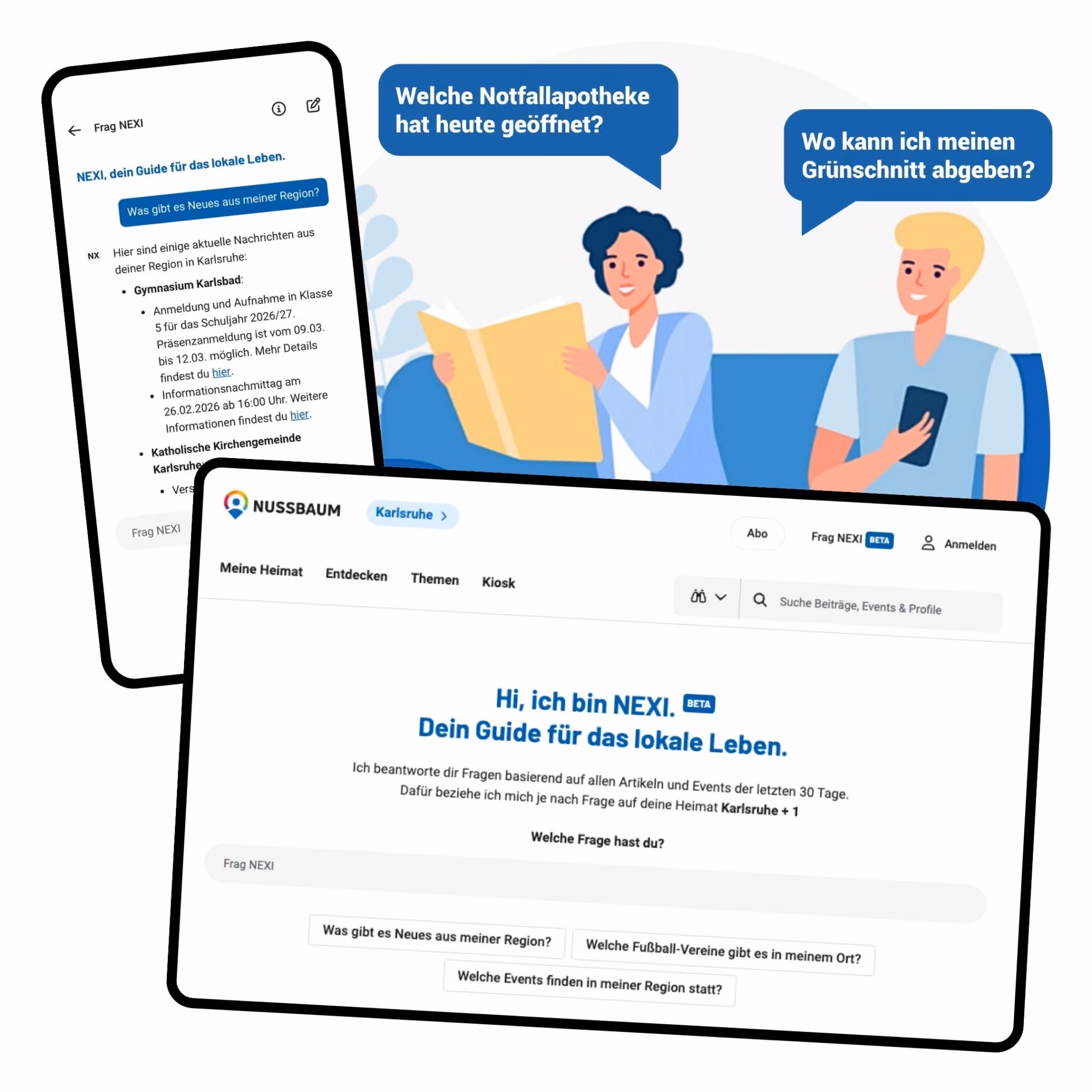 Zwei Personen nutzen NEXI, einen digitalen Guide für lokale Infos und Fragen in Karlsruhe.