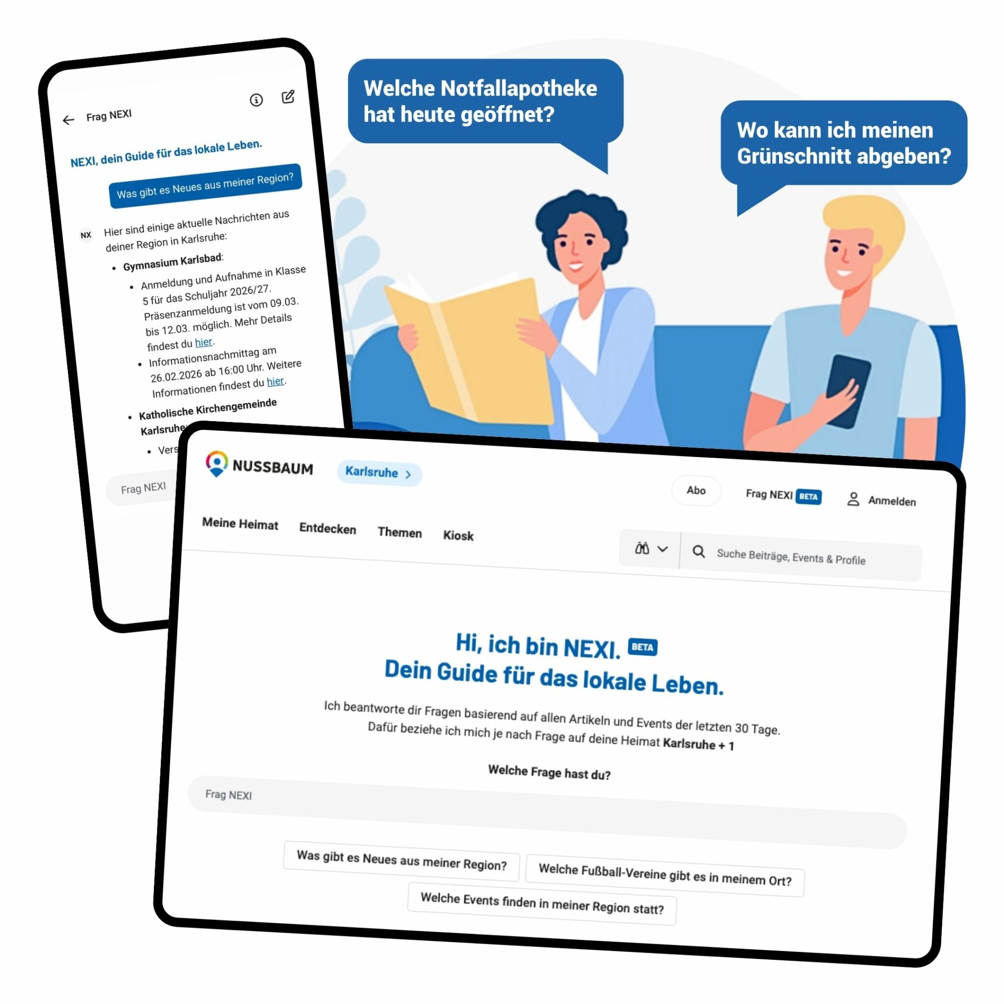 Zwei Personen nutzen NEXI, einen digitalen Guide für lokale Infos und Fragen in Karlsruhe.