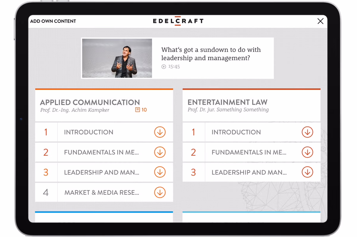 Tablet screen showing online course modules in Applied Communication and Entertainment Law with download icons.
