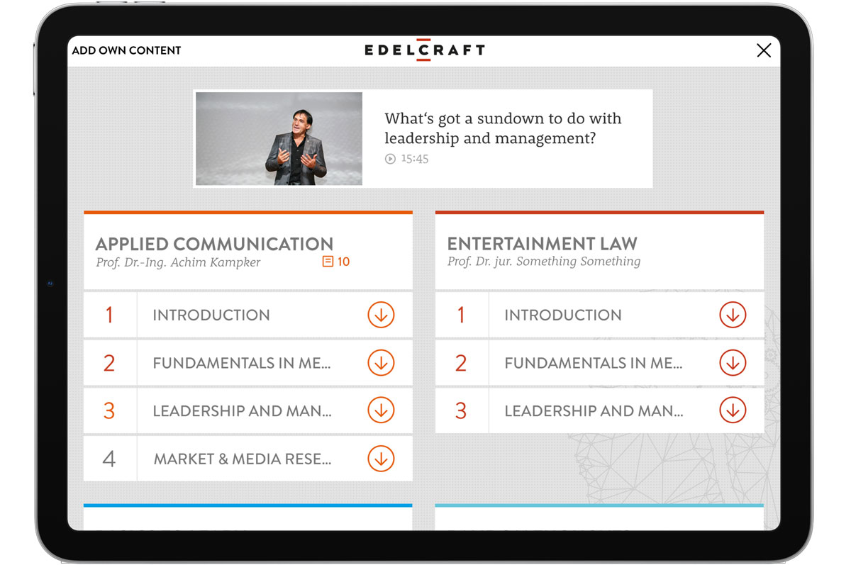 Tablet screen showing online course modules in Applied Communication and Entertainment Law with download icons.
