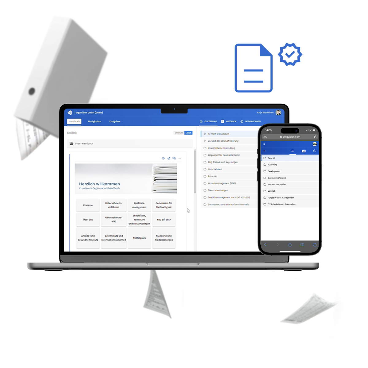 Laptop und Smartphone zeigen eine digitale Organisationshandbuch- und Dokumentenmanagement-Software.