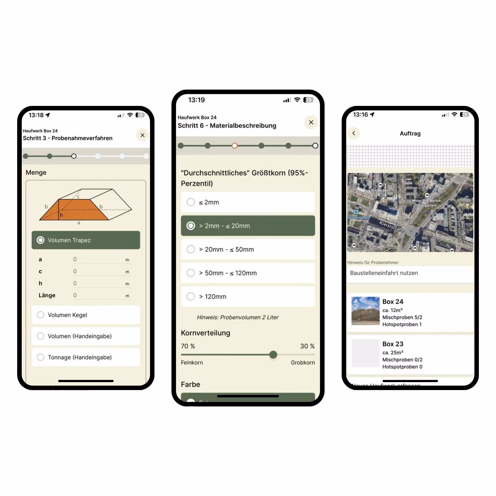 Drei Smartphones zeigen Screens einer App zur Probenahme und Materialbeschreibung mit Kartenausschnitt.