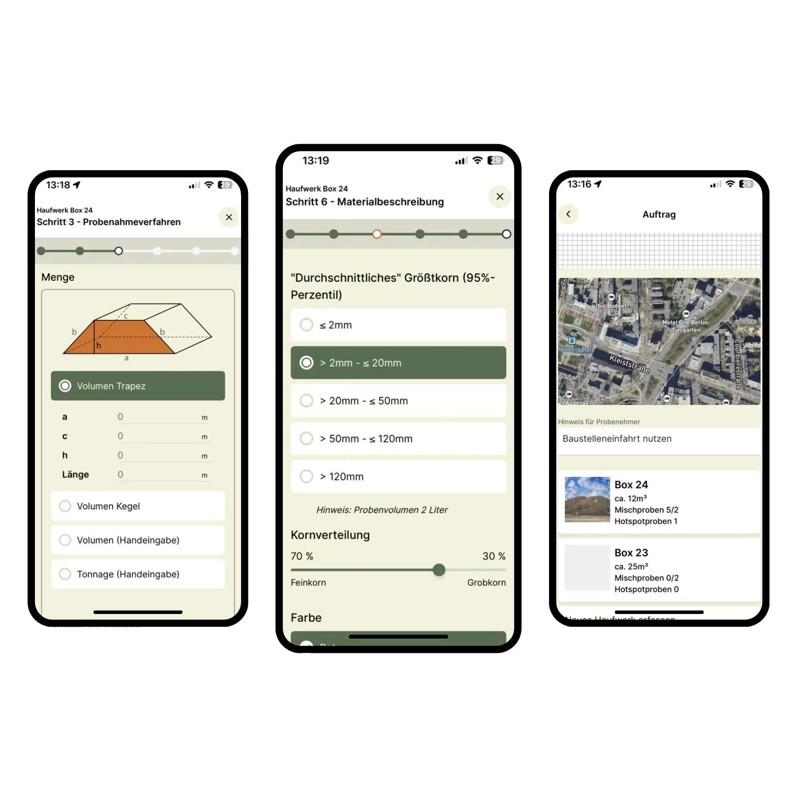 Drei Smartphones zeigen Screens einer App zur Probenahme und Materialbeschreibung mit Kartenausschnitt.
