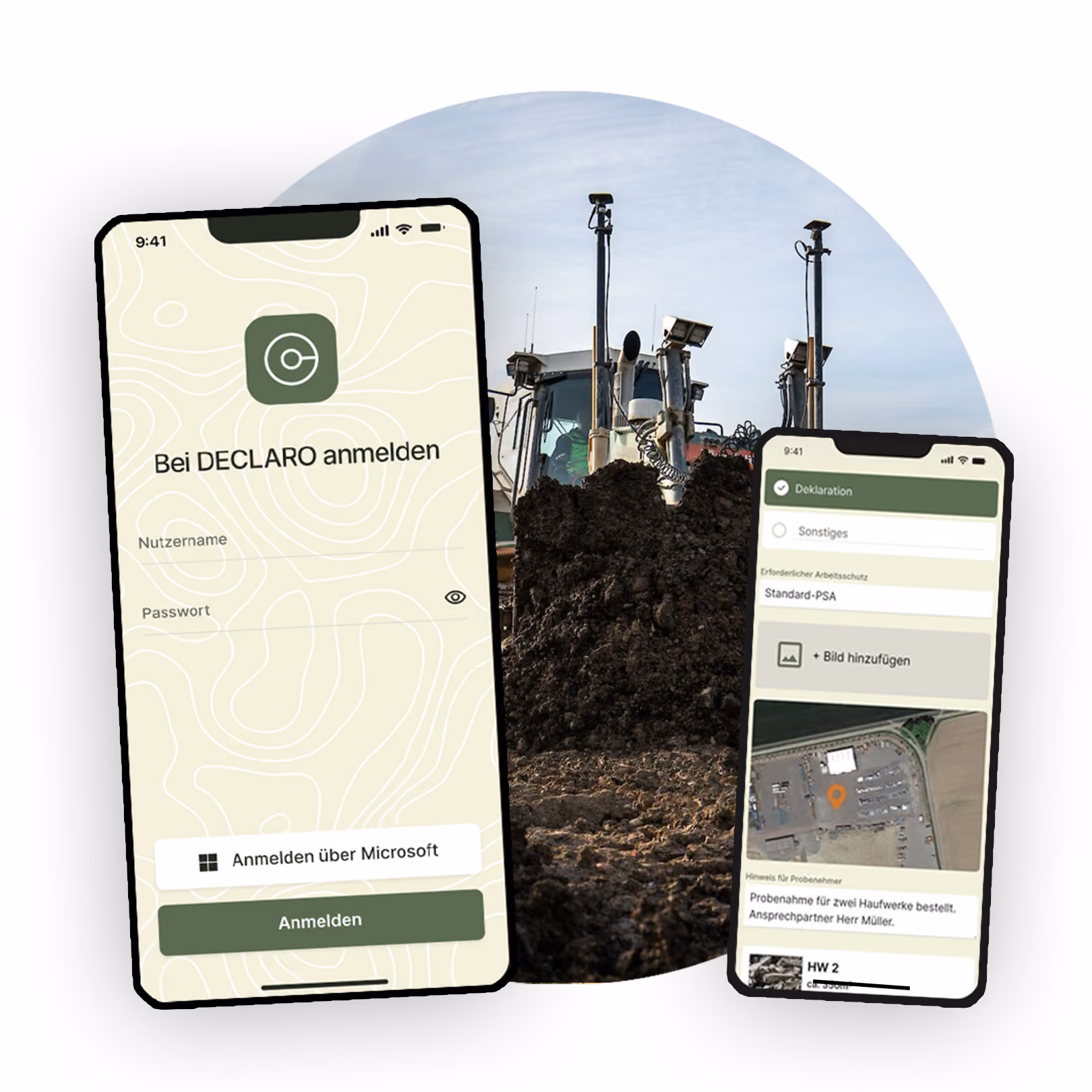 Smartphones zeigen DECLARO-App mit Login und Probennahmeformular vor Traktor und Erde.