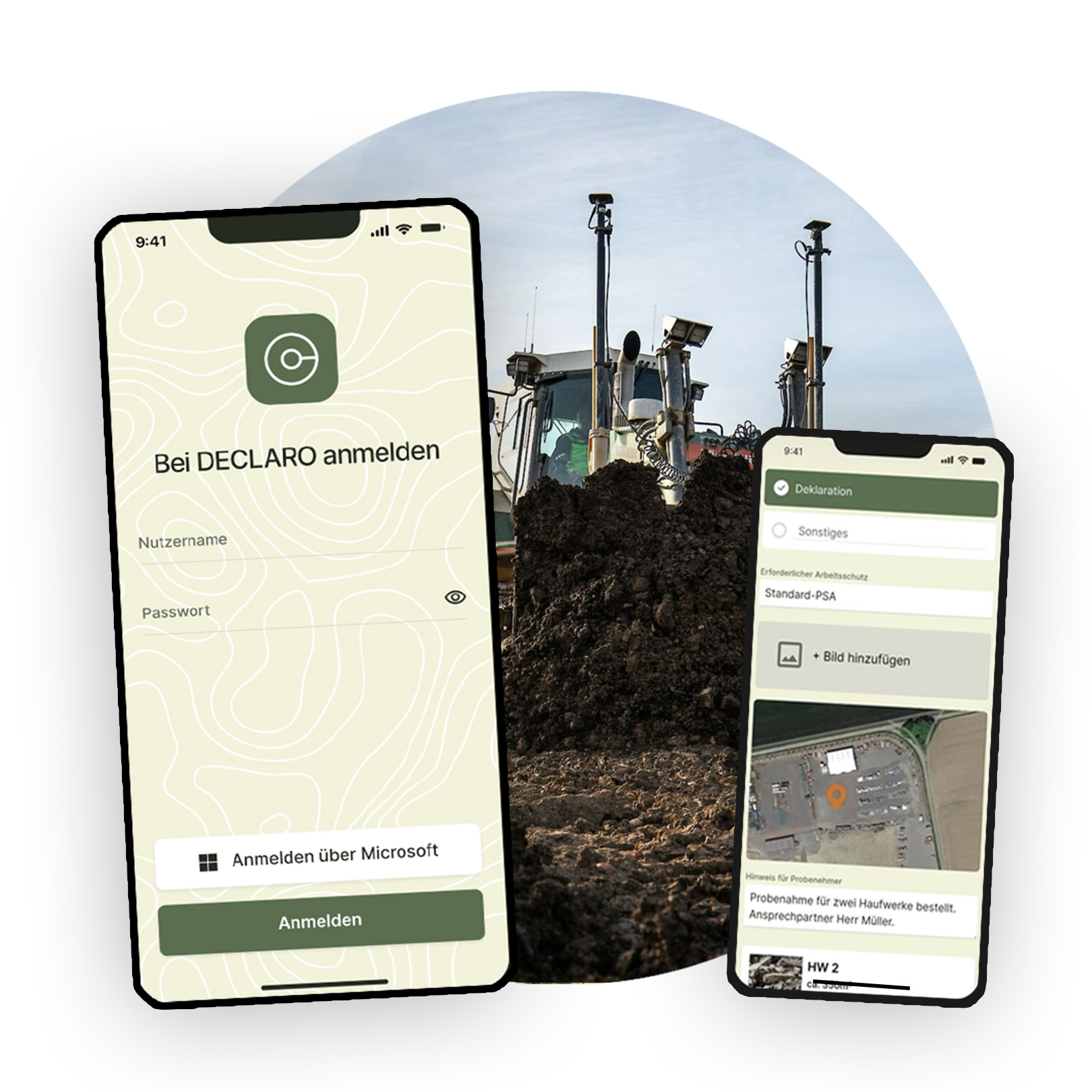 Smartphones zeigen DECLARO-App mit Login und Probennahmeformular vor Traktor und Erde.