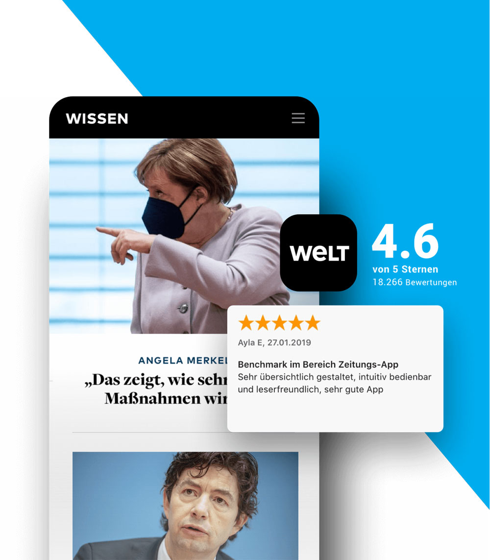 Bildschirm mit Angela Merkel mit Maske, 4,6 Sterne Bewertung für WELT-App mit Nutzerkritik.