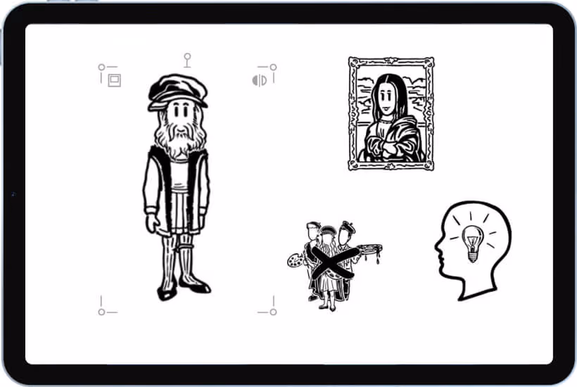 Zeichnung eines Künstlerporträts, Mona Lisa-Gemälde, durchgestrichene Figuren mit Palette und Pinsel, Kopf mit Glühbirne.