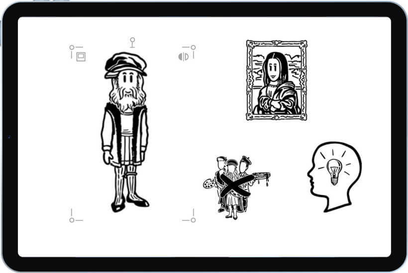 Zeichnung eines Künstlerporträts, Mona Lisa-Gemälde, durchgestrichene Figuren mit Palette und Pinsel, Kopf mit Glühbirne.