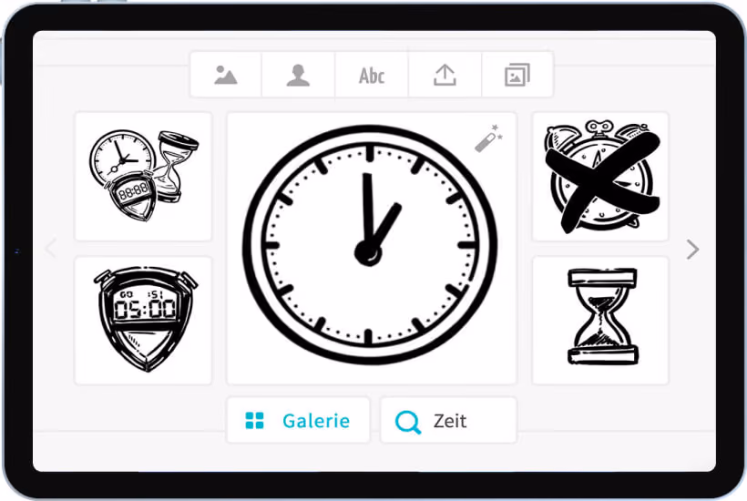 Tablet zeigt eine Uhr mit 12:05 Uhr und Symbole für Uhren, Timer und Sanduhr im Galerie-Layout.