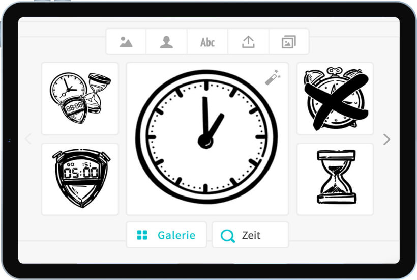Tablet zeigt eine Uhr mit 12:05 Uhr und Symbole für Uhren, Timer und Sanduhr im Galerie-Layout.