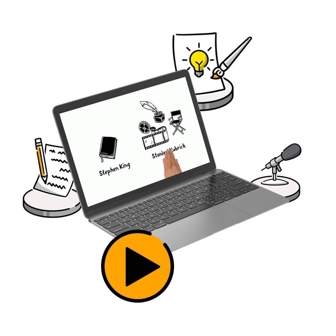Laptop zeigt Symbole von Stephen King und Stanley Kubrick, umgeben von Schreib- und Kreativwerkzeugen.