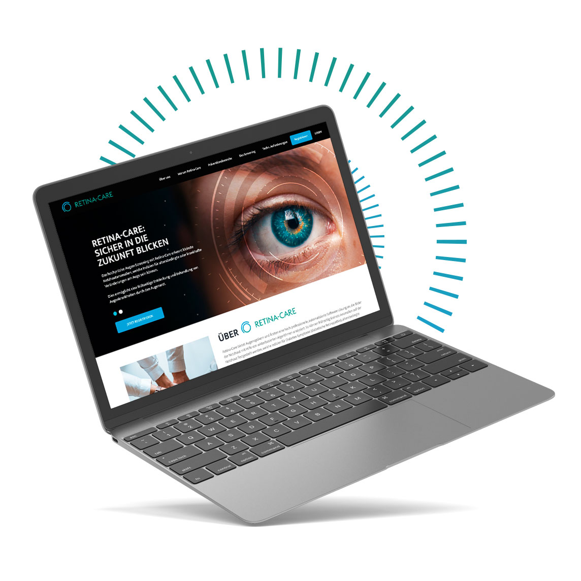 Laptop mit Retina-Care-Webseite und einem Bild eines Auges, umgeben von blauen Linien.