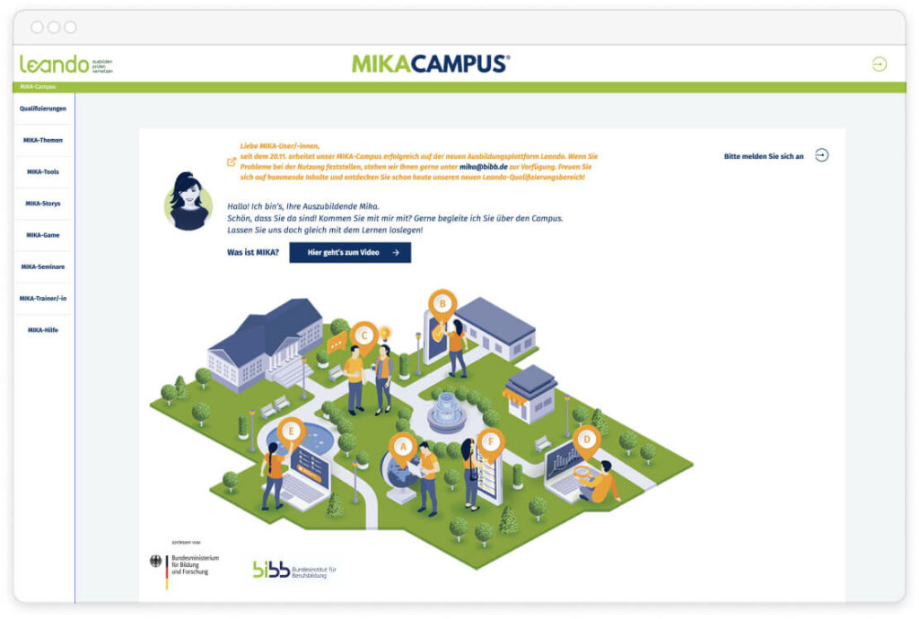 Illustration eines digitalen Campus mit Figuren und Gebäuden, Menü auf der linken Seite, Leando-Markenlogo.