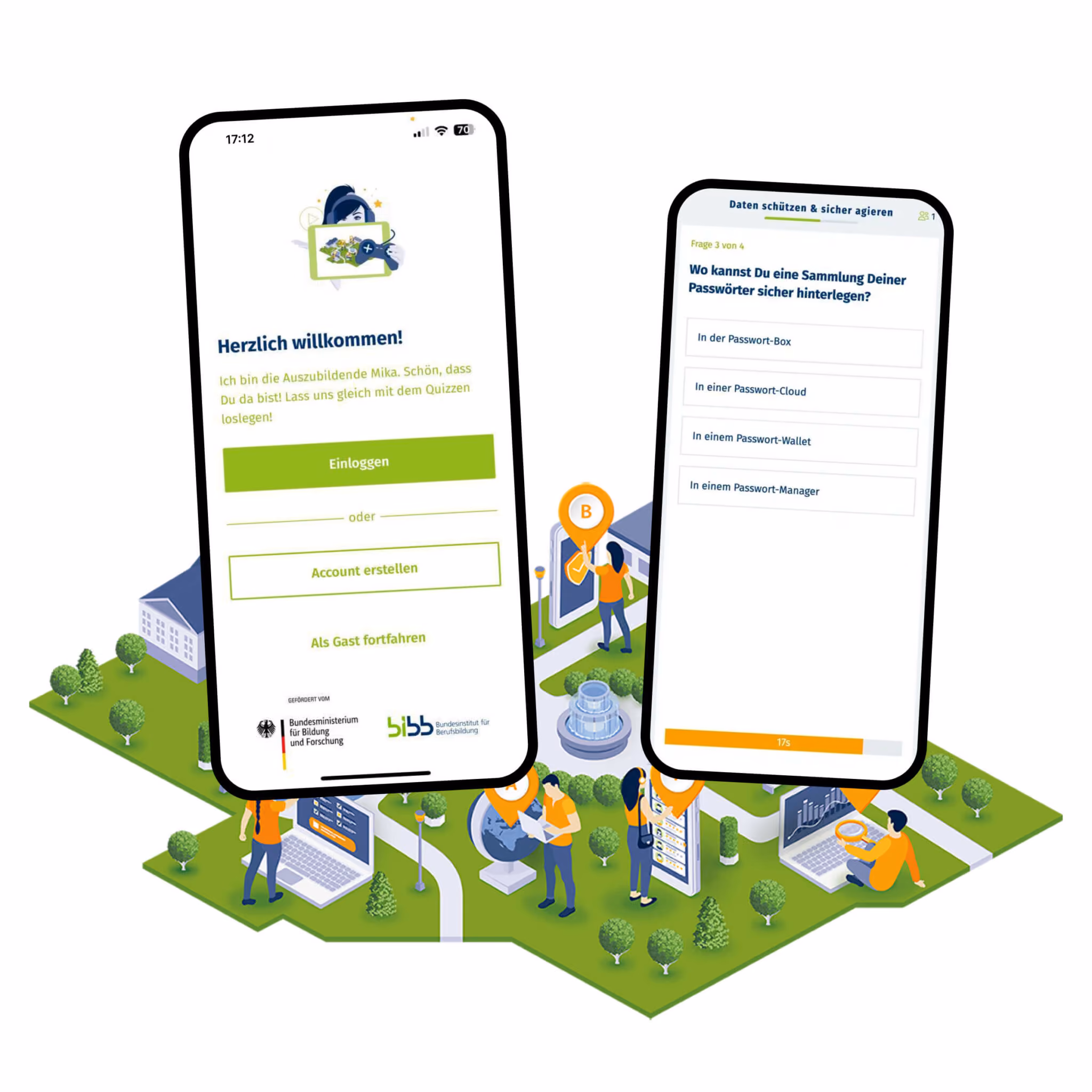 Zwei Smartphone-Bildschirme zeigen eine Anmeldeseite und eine Frage zu sicheren Passwortsammlungen.