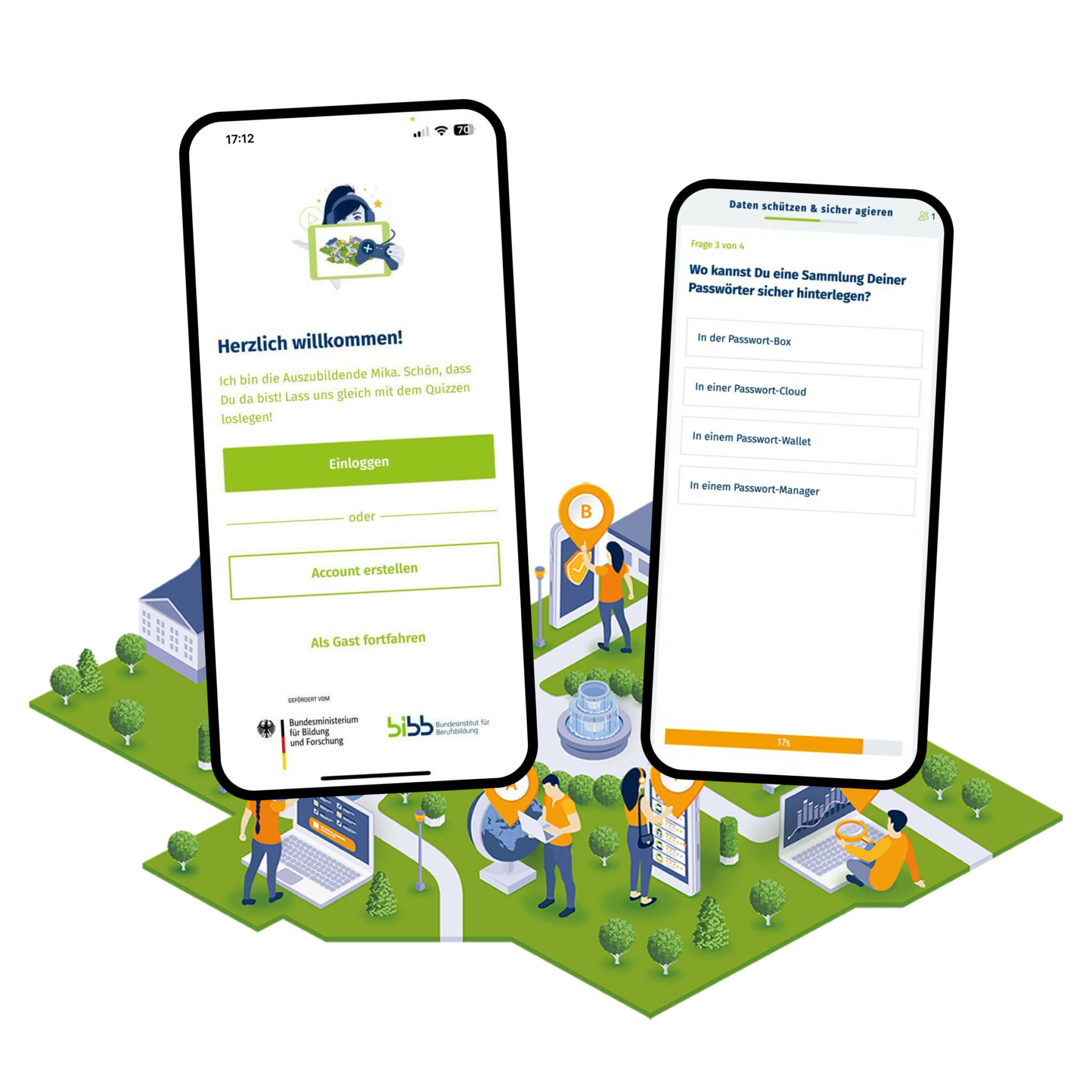 Zwei Smartphone-Bildschirme zeigen eine Anmeldeseite und eine Frage zu sicheren Passwortsammlungen.