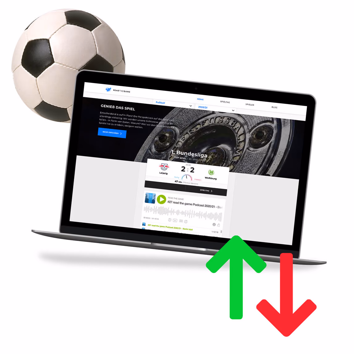 Laptop mit Fußball-Webseite zeigt 2:2 Unentschieden zwischen Leipzig und Wolfsburg, daneben Fußball und Pfeile.