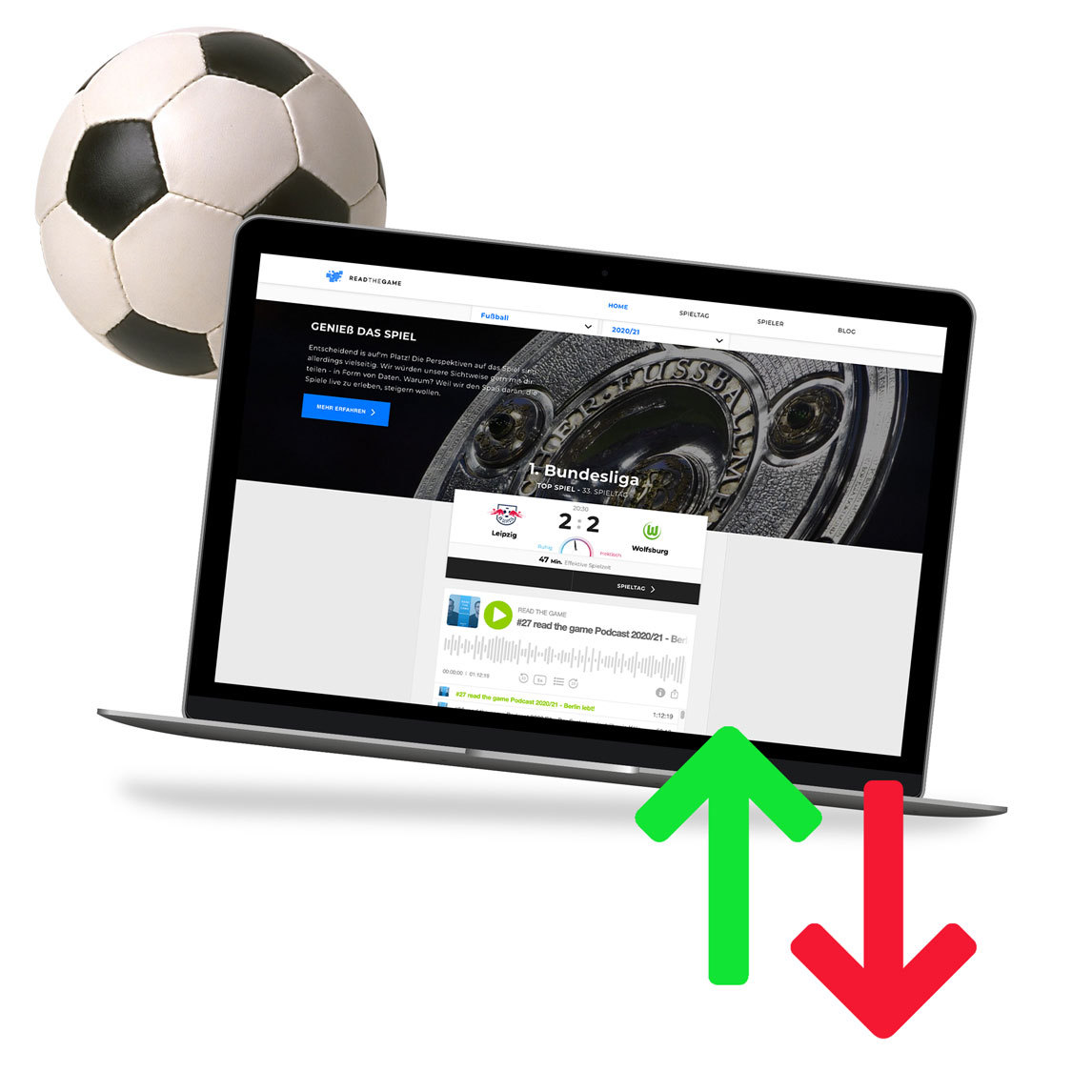 Laptop mit Fußball-Webseite zeigt 2:2 Unentschieden zwischen Leipzig und Wolfsburg, daneben Fußball und Pfeile.