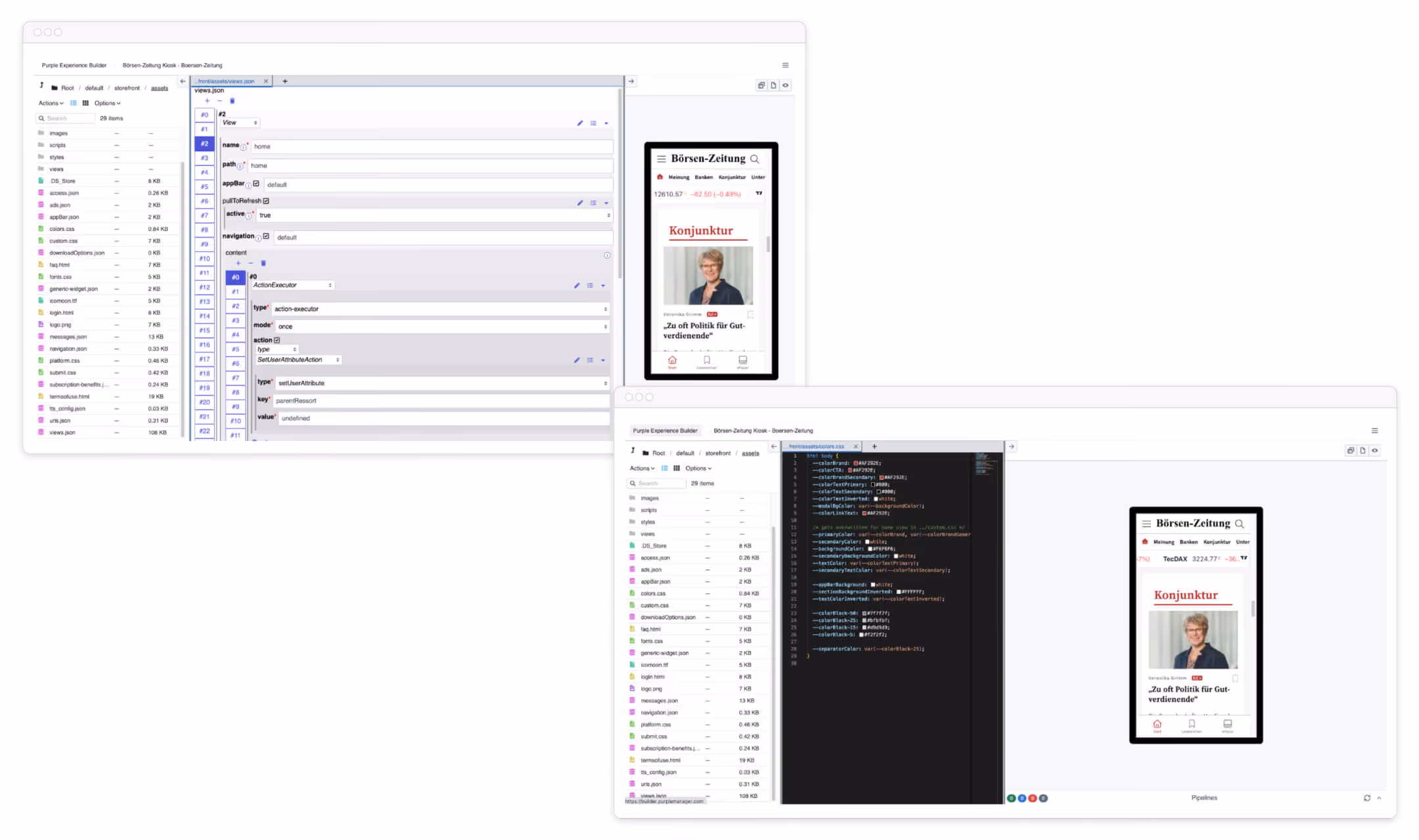 Zwei Computerbildschirme zeigen Dateiverwaltung, Code und Vorschau einer mobilen Nachrichten-Website.