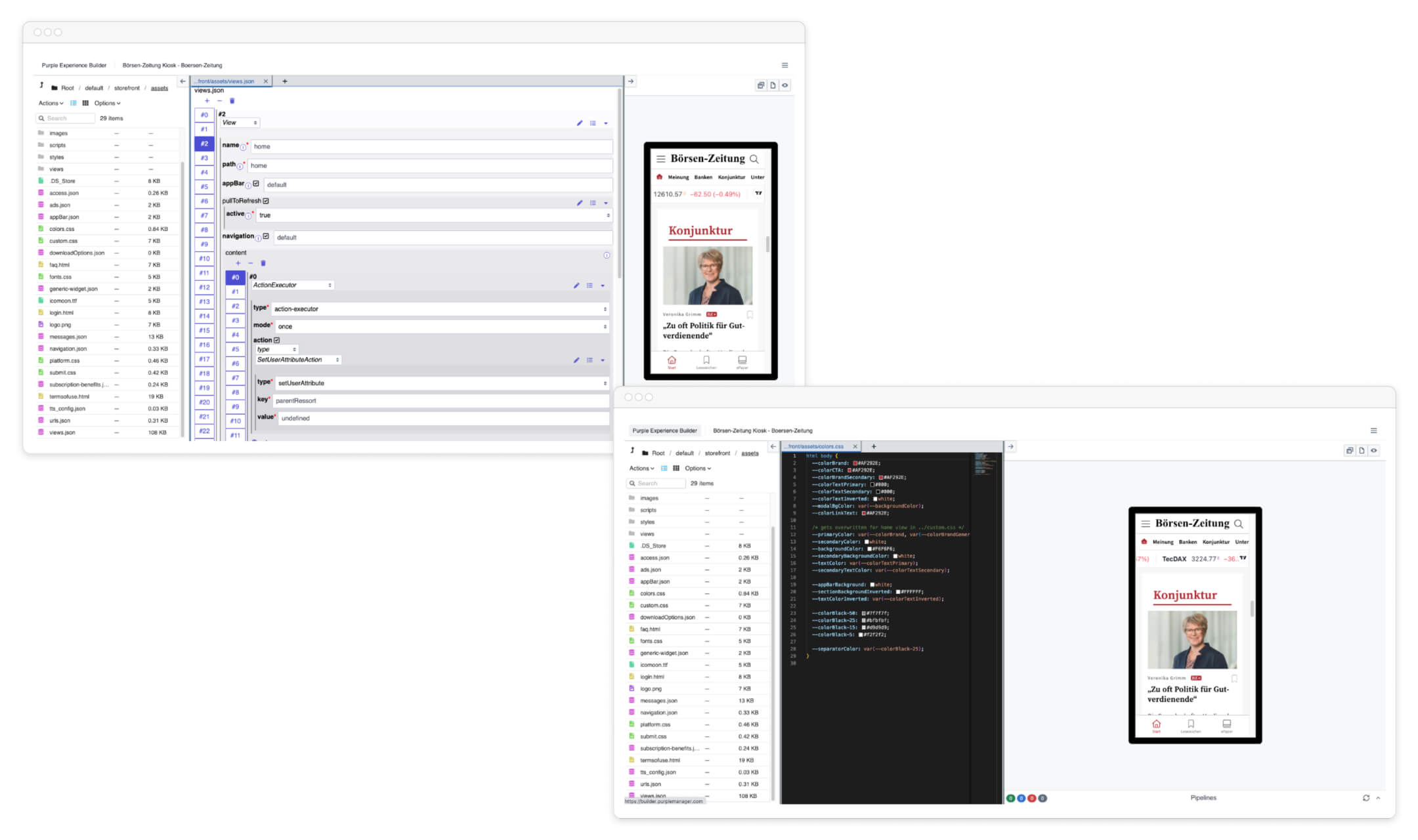 Zwei Computerbildschirme zeigen Dateiverwaltung, Code und Vorschau einer mobilen Nachrichten-Website.