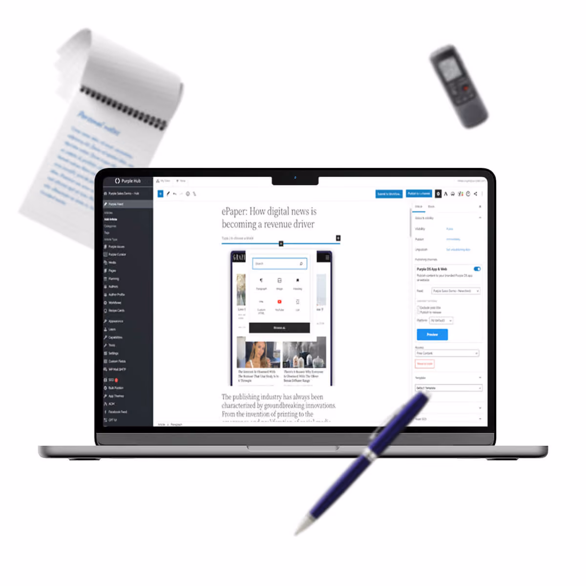 Laptop with digital publishing software on screen, surrounded by a floating pen, remote, and notebook.
