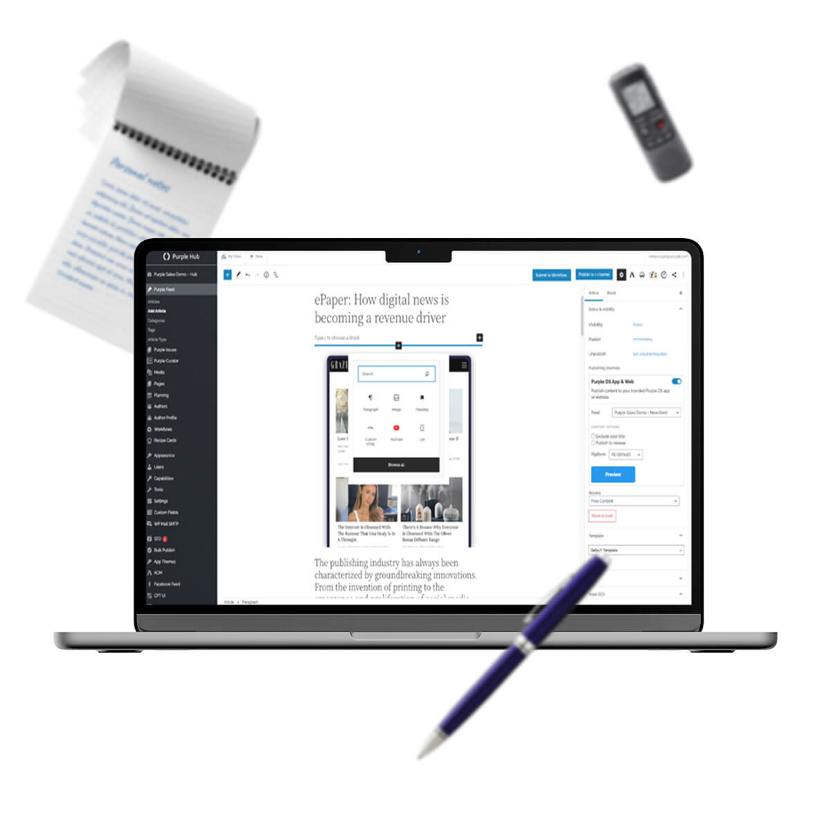 Laptop with digital publishing software on screen, surrounded by a floating pen, remote, and notebook.