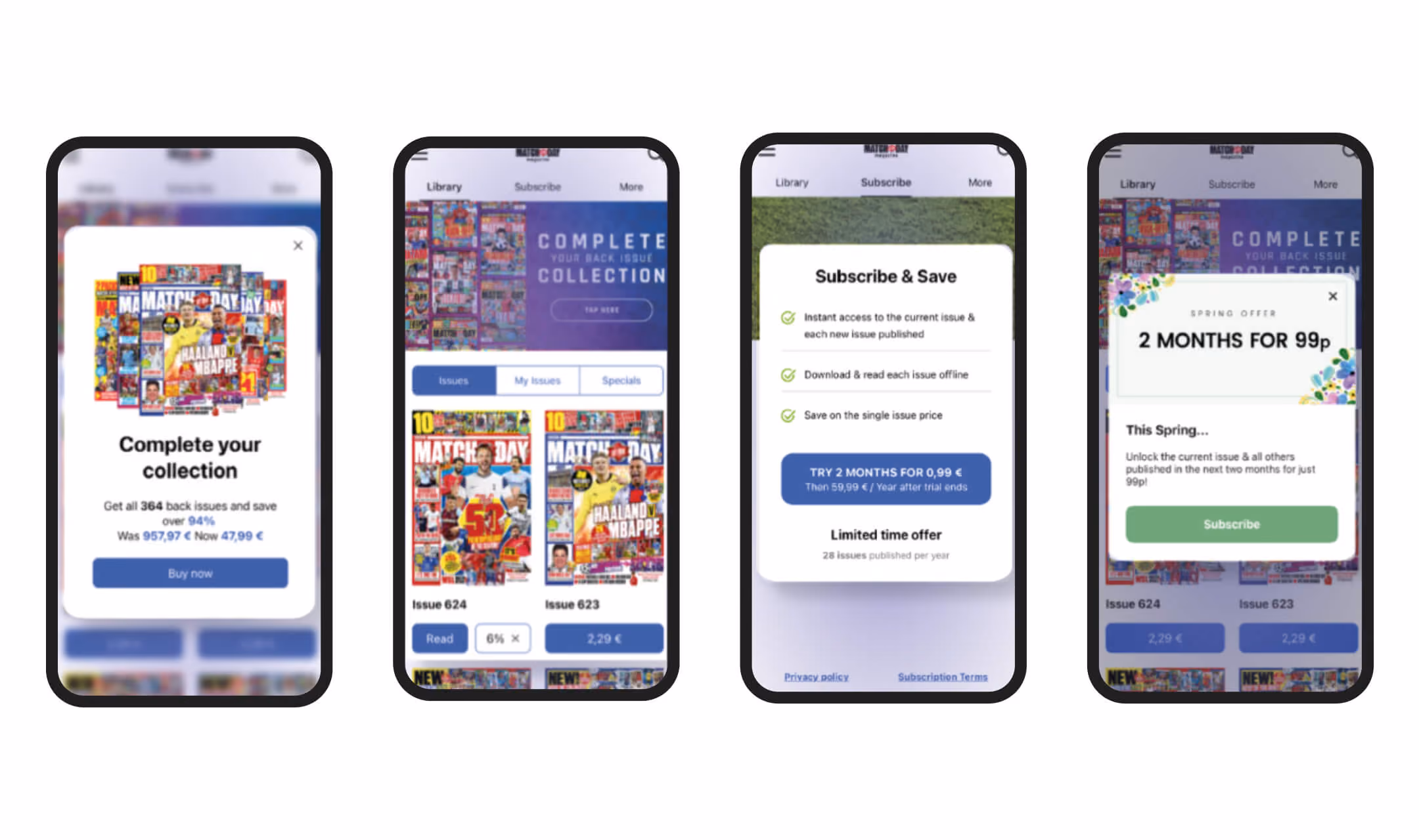 Vier Smartphone-Bildschirme zeigen Magazine, Abonnement-Angebote und Sonderaktionen in einer App.