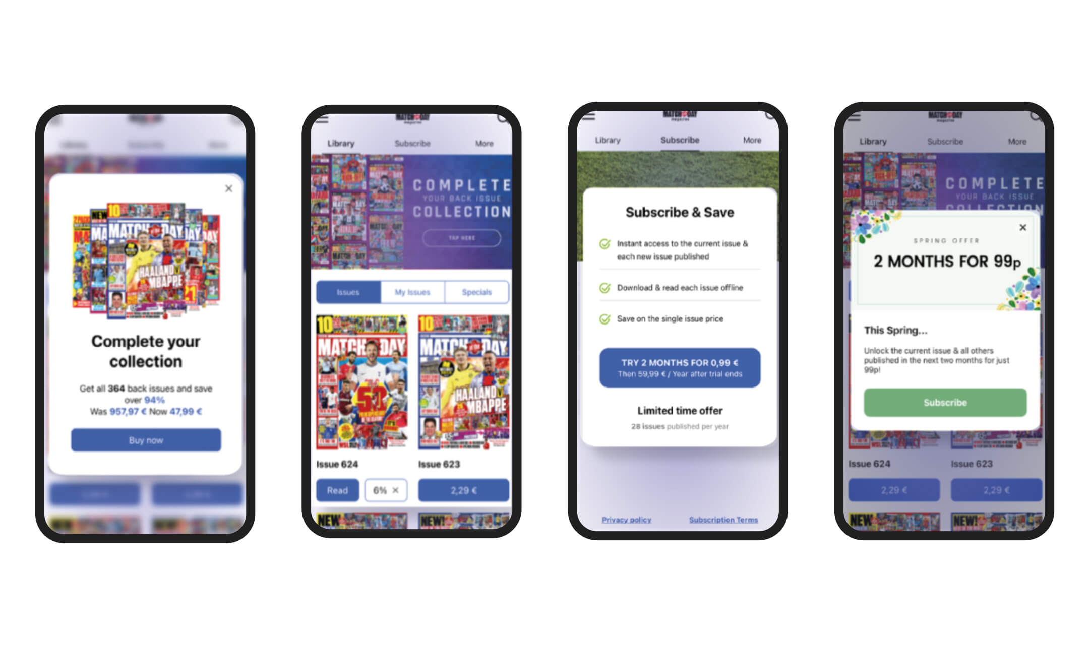 Vier Smartphone-Bildschirme zeigen Magazine, Abonnement-Angebote und Sonderaktionen in einer App.