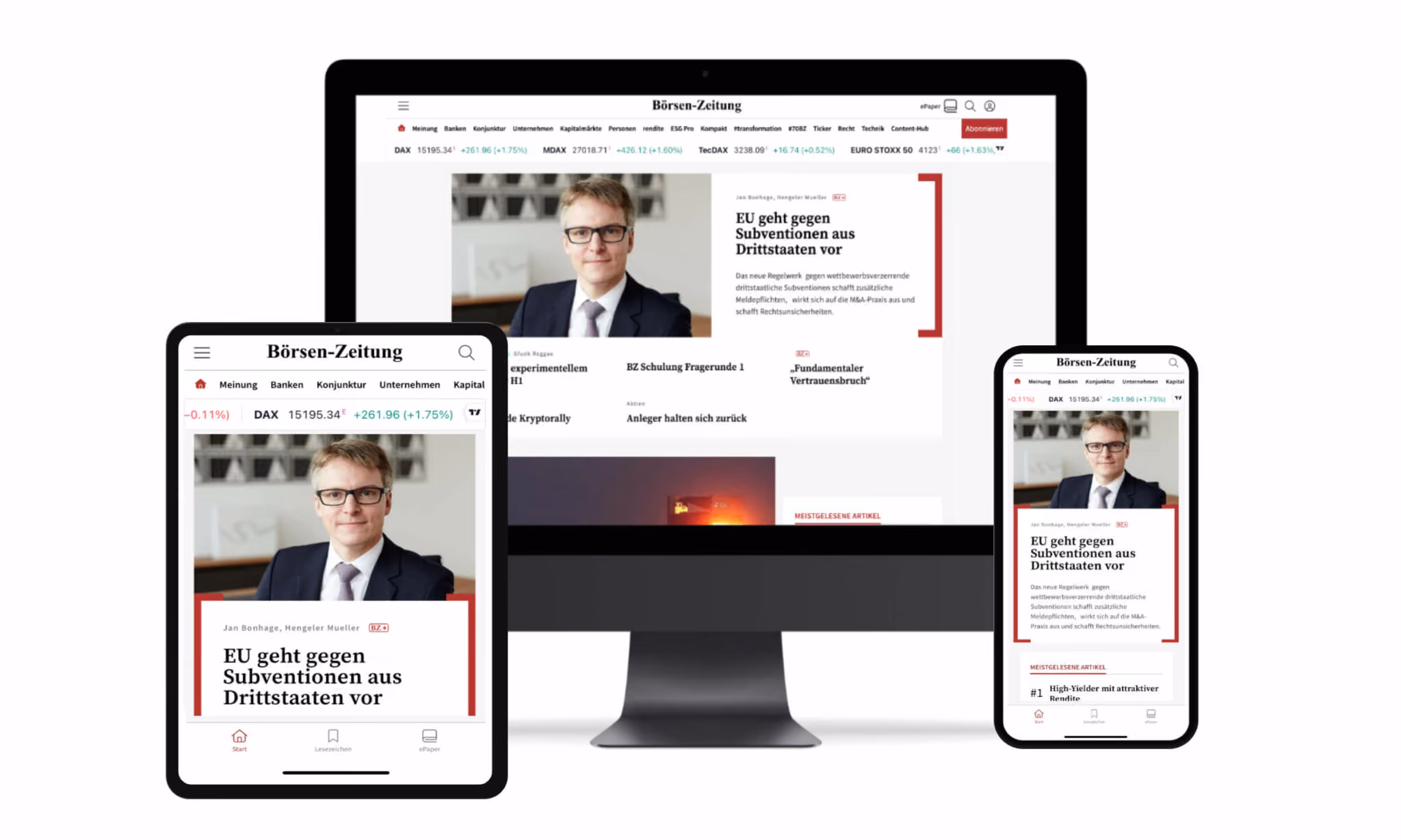 Börsen-Zeitung Website auf Tablet, Desktop-Monitor und Smartphone mit Nachrichteninhalt.