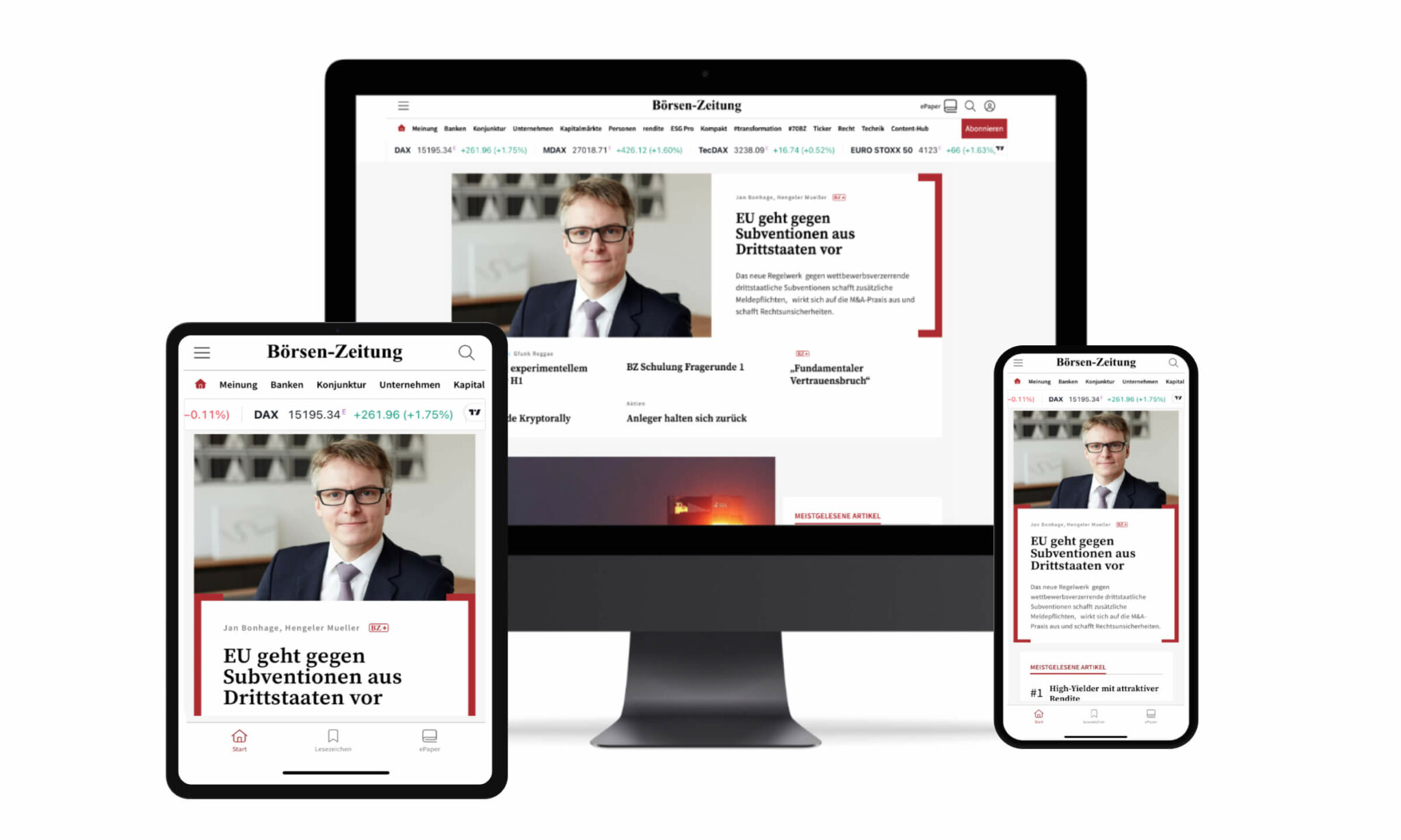 Börsen-Zeitung Website auf Tablet, Desktop-Monitor und Smartphone mit Nachrichteninhalt.