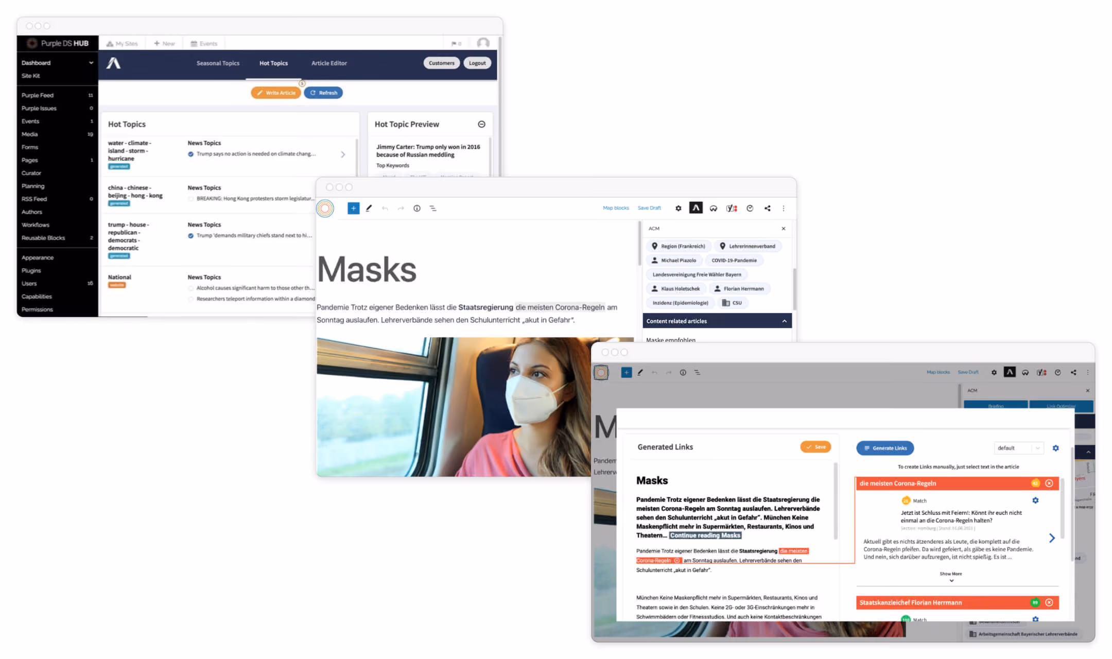 Drei Computerbildschirme zeigen Dashboards und Artikel über Corona-Regeln und Masken mit Text und Bild einer Frau mit Maske.