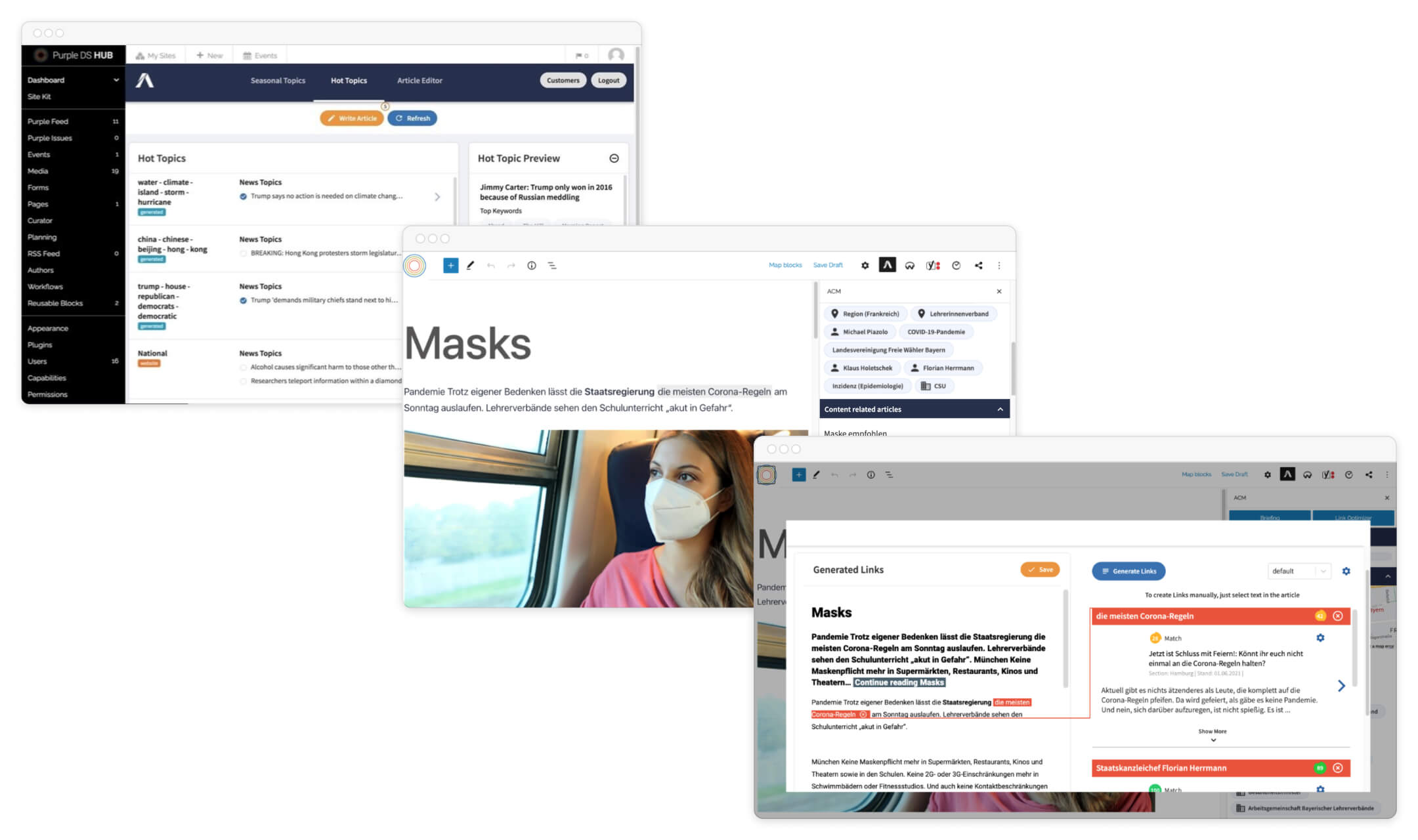 Drei Computerbildschirme zeigen Dashboards und Artikel über Corona-Regeln und Masken mit Text und Bild einer Frau mit Maske.