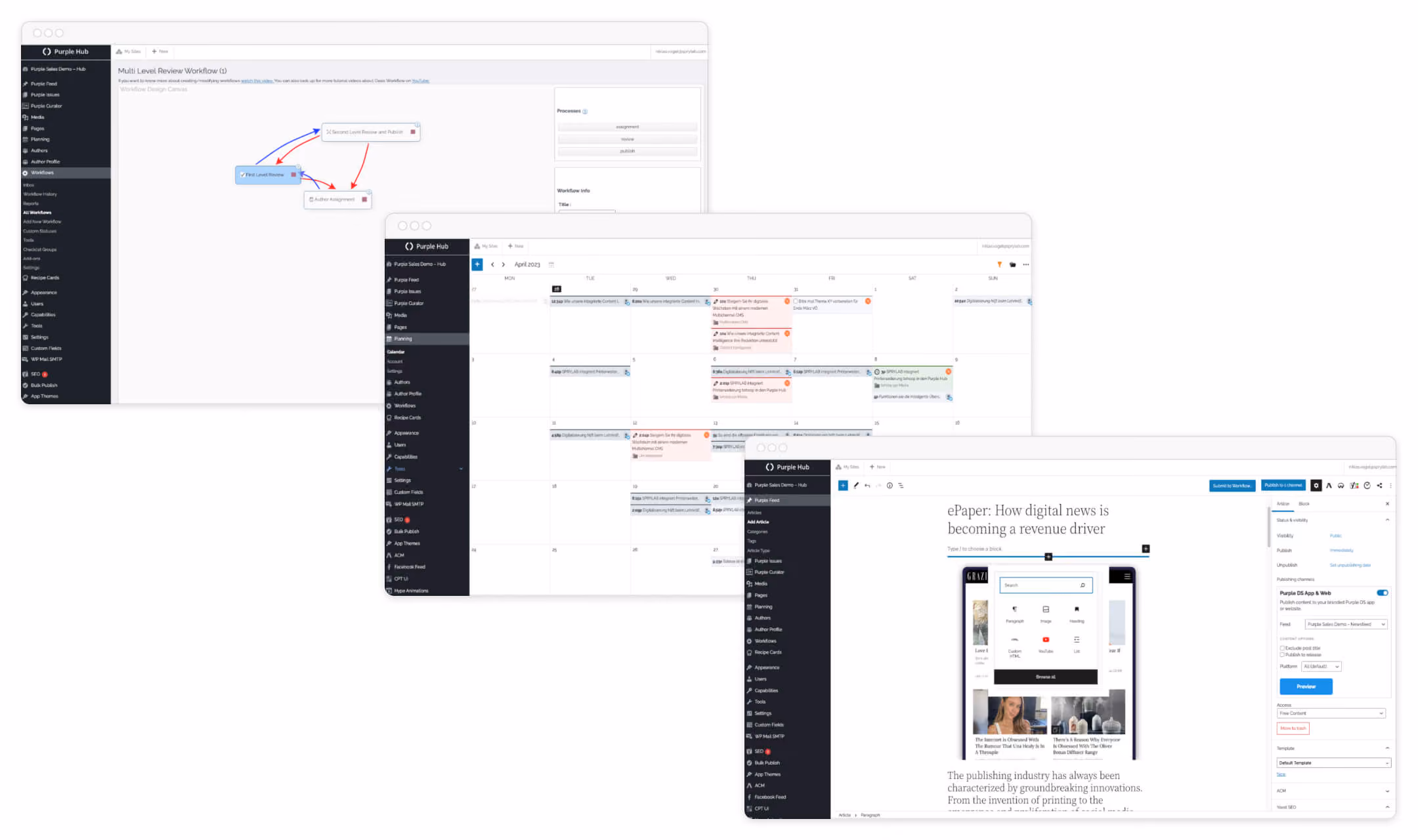 Drei Screenshots der Purple Hub Plattform zeigen Workflow, Kalender und Artikelbearbeitung im CMS.