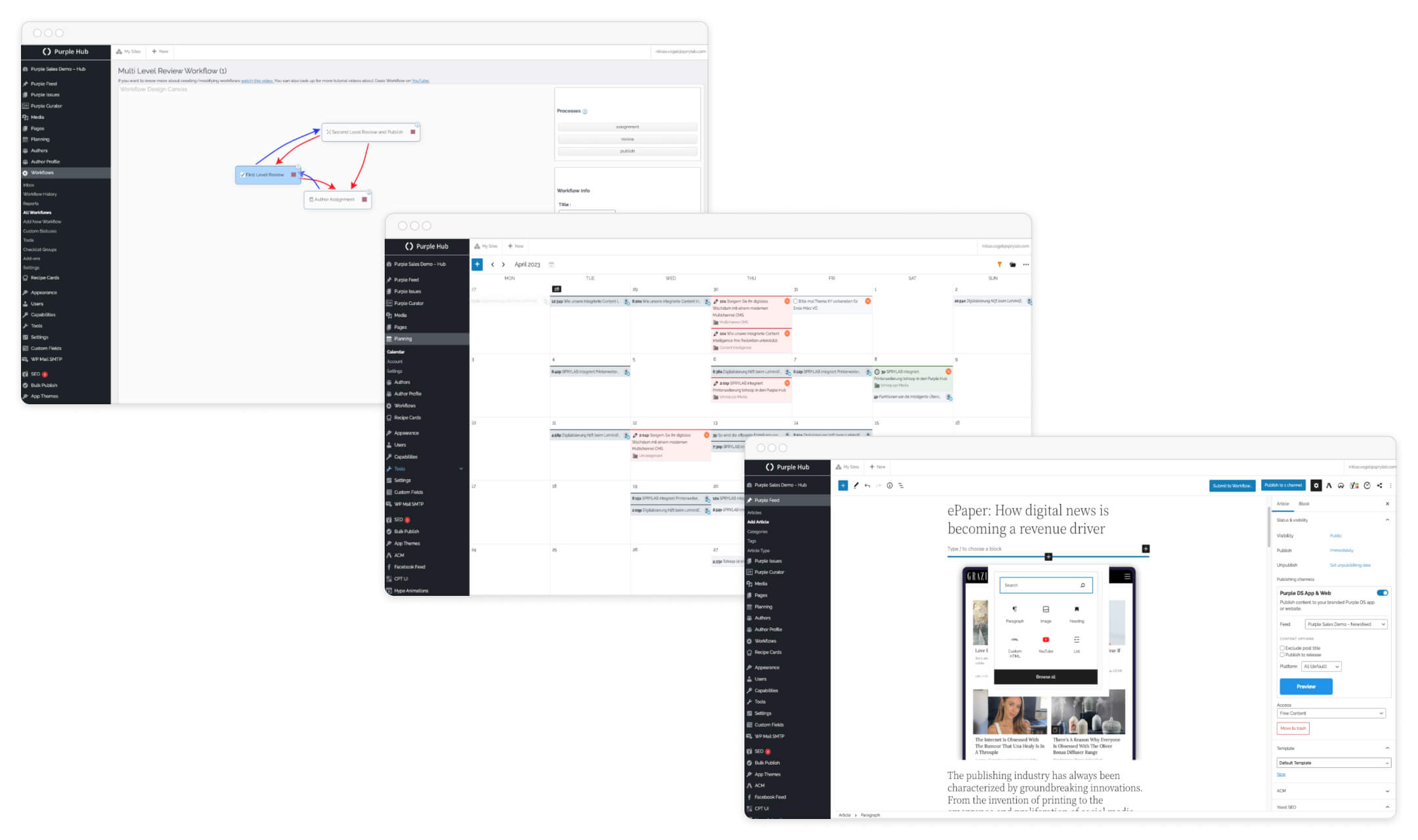 Drei Screenshots der Purple Hub Plattform zeigen Workflow, Kalender und Artikelbearbeitung im CMS.
