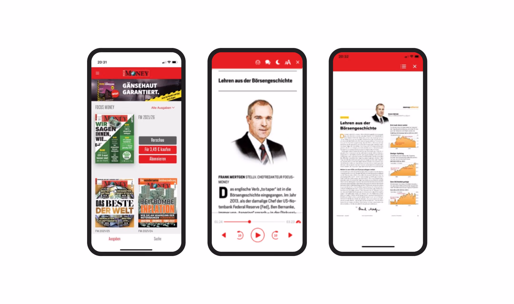Drei Smartphone-Bildschirme zeigen Focus Money Magazin: Angebotsseite, Audioartikel, Artikelseite mit Grafiken.