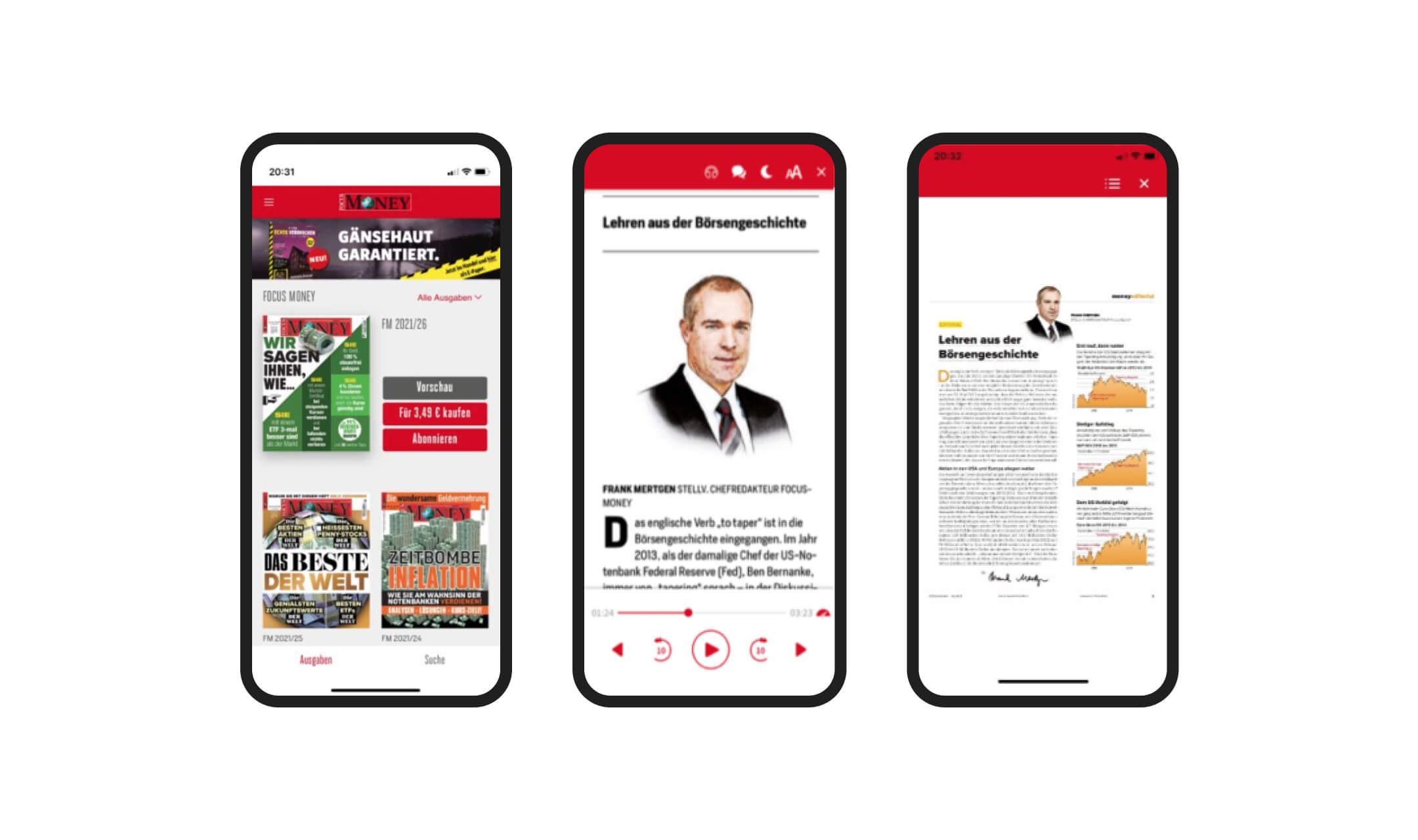 Drei Smartphone-Bildschirme zeigen Focus Money Magazin: Angebotsseite, Audioartikel, Artikelseite mit Grafiken.