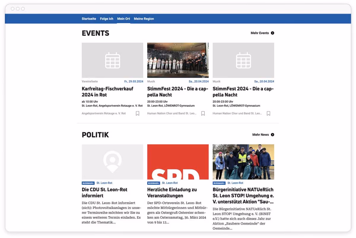 Webseite zeigt Veranstaltungen und Politik-News für St. Leon-Rot mit Terminen und kurzen Beschreibungen.