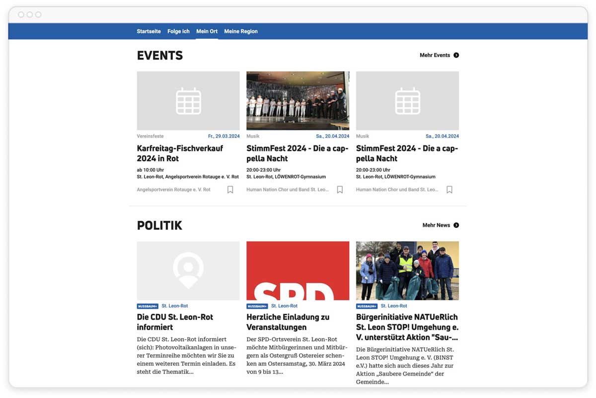 Webseite zeigt Veranstaltungen und Politik-News für St. Leon-Rot mit Terminen und kurzen Beschreibungen.