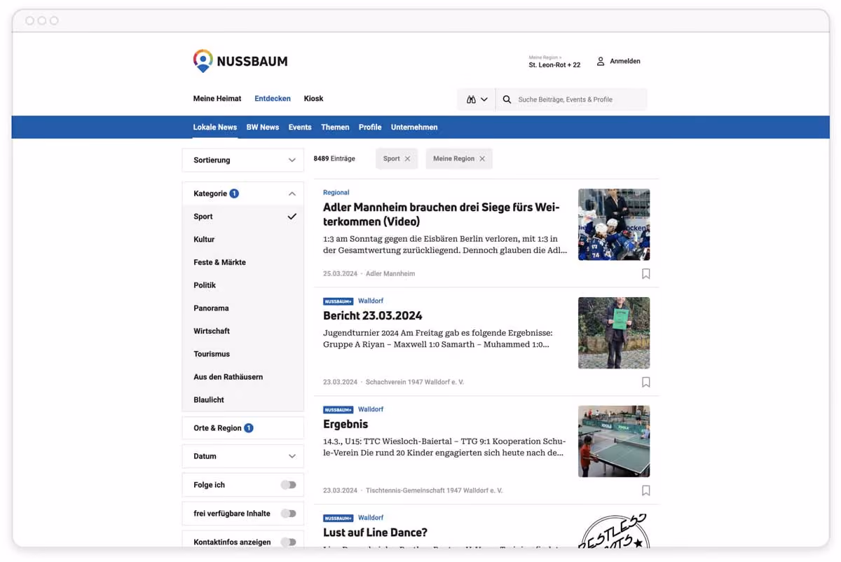 Webseite von Nussbaum mit Nachrichtenübersicht zu Sport, Kultur und Veranstaltungen in deutscher Sprache.