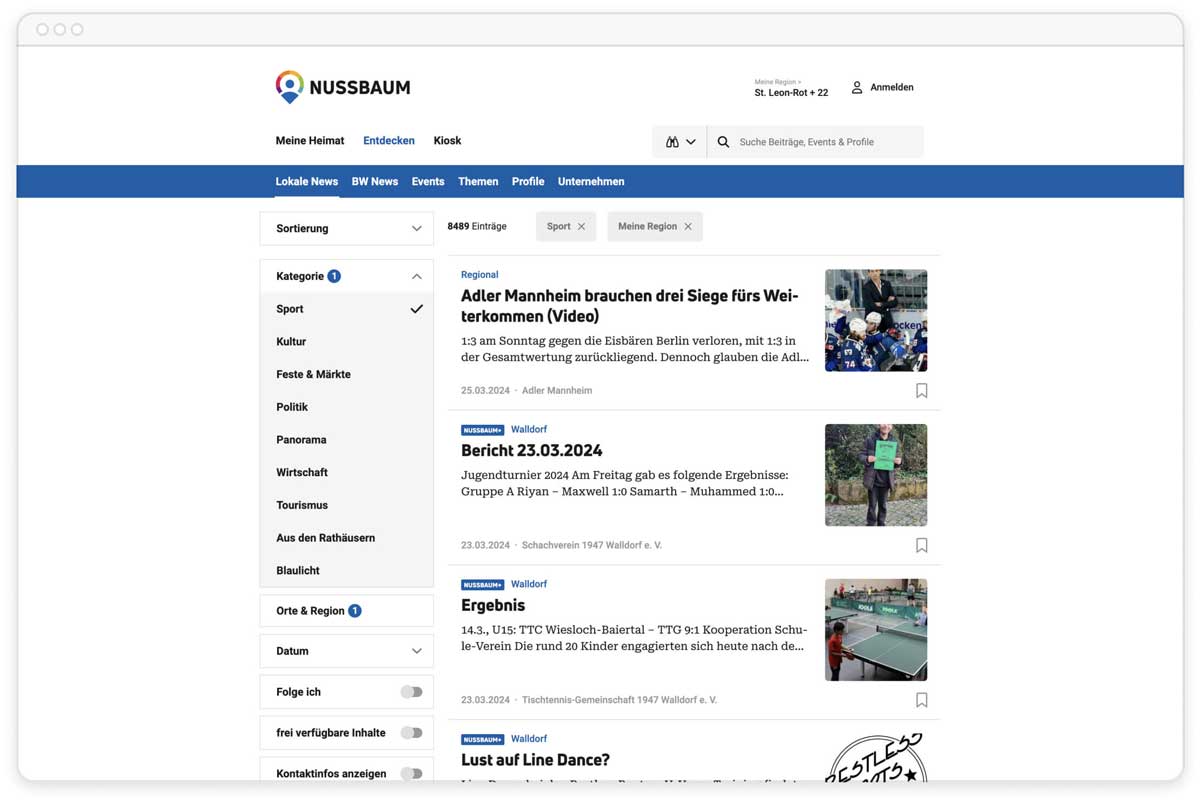 Webseite von Nussbaum mit Nachrichtenübersicht zu Sport, Kultur und Veranstaltungen in deutscher Sprache.