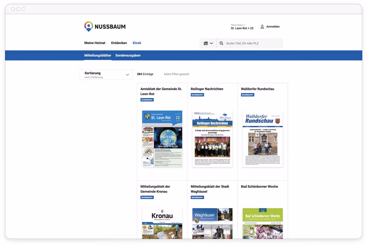 Webseite mit regionalen Mitteilungsblättern aus verschiedenen Gemeinden wie St. Leon-Rot und Walldorf.
