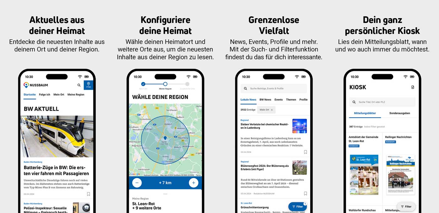 Vier Screenshots der Nussbaum-App zeigen Nachrichten, Regionsauswahl, Suchfunktion und persönlichen Kiosk.