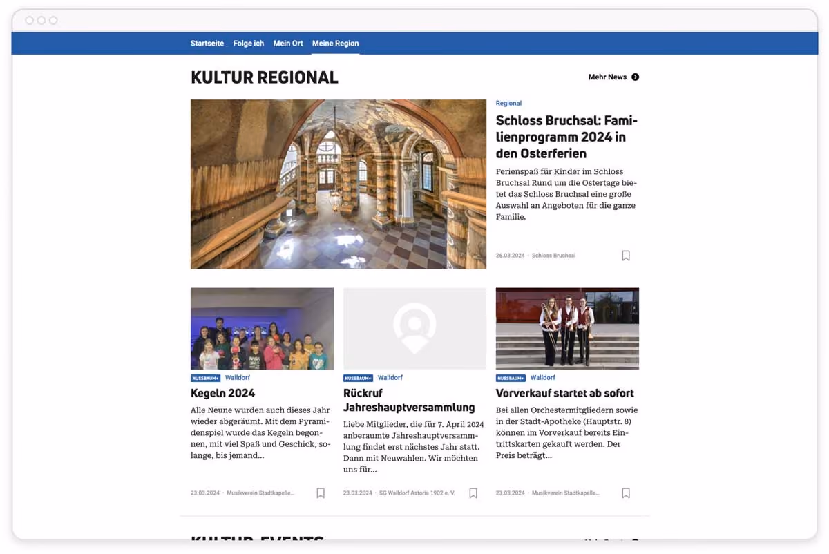 Webseite zeigt regionale Kultur-News mit Schloss Bruchsal und lokalen Veranstaltungen 2024.