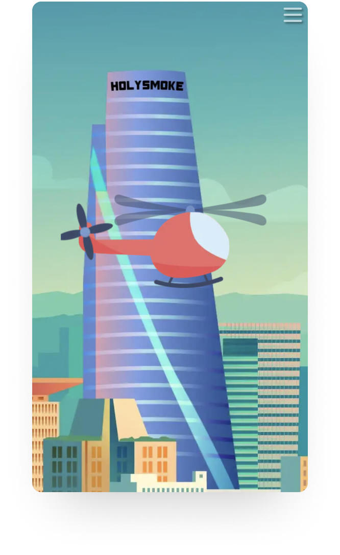 Rotes Helikopter fliegt vor einem hohen, blauen Bürogebäude mit dem Schriftzug HOLYSMOKE.