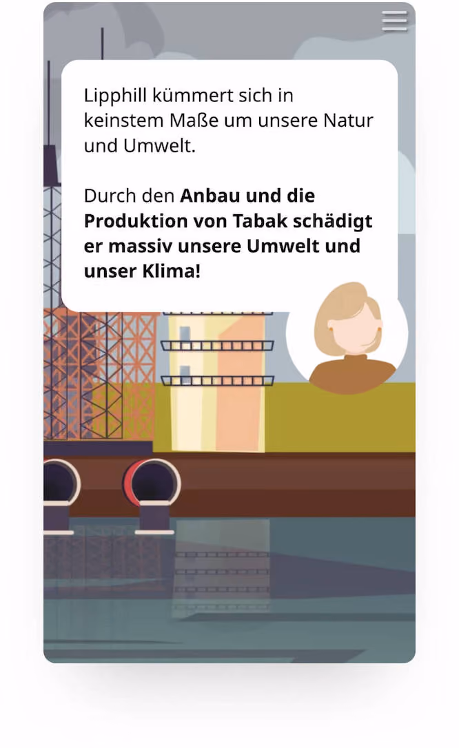Illustration einer Industrieanlage neben Wasser mit Text zu Umweltschäden durch Tabakanbau und -produktion.