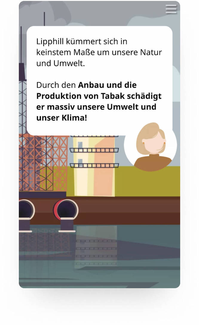 Illustration einer Industrieanlage neben Wasser mit Text zu Umweltschäden durch Tabakanbau und -produktion.