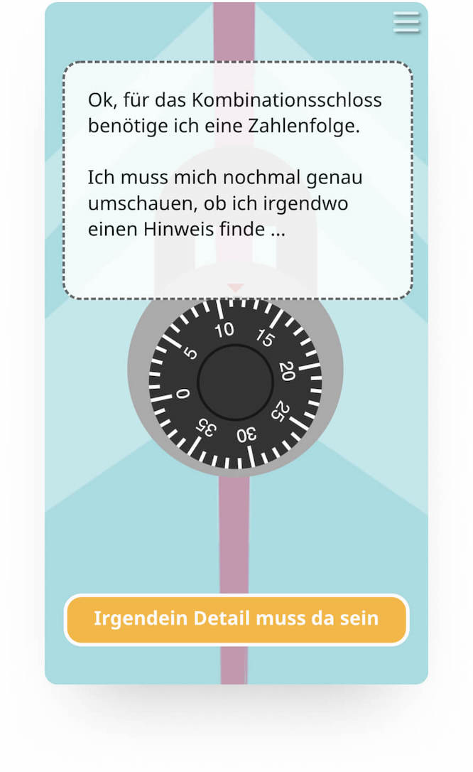Bildschirm mit Zahlenkombinationsschloss und Text: Ich brauche eine Zahlenfolge zum Öffnen.
