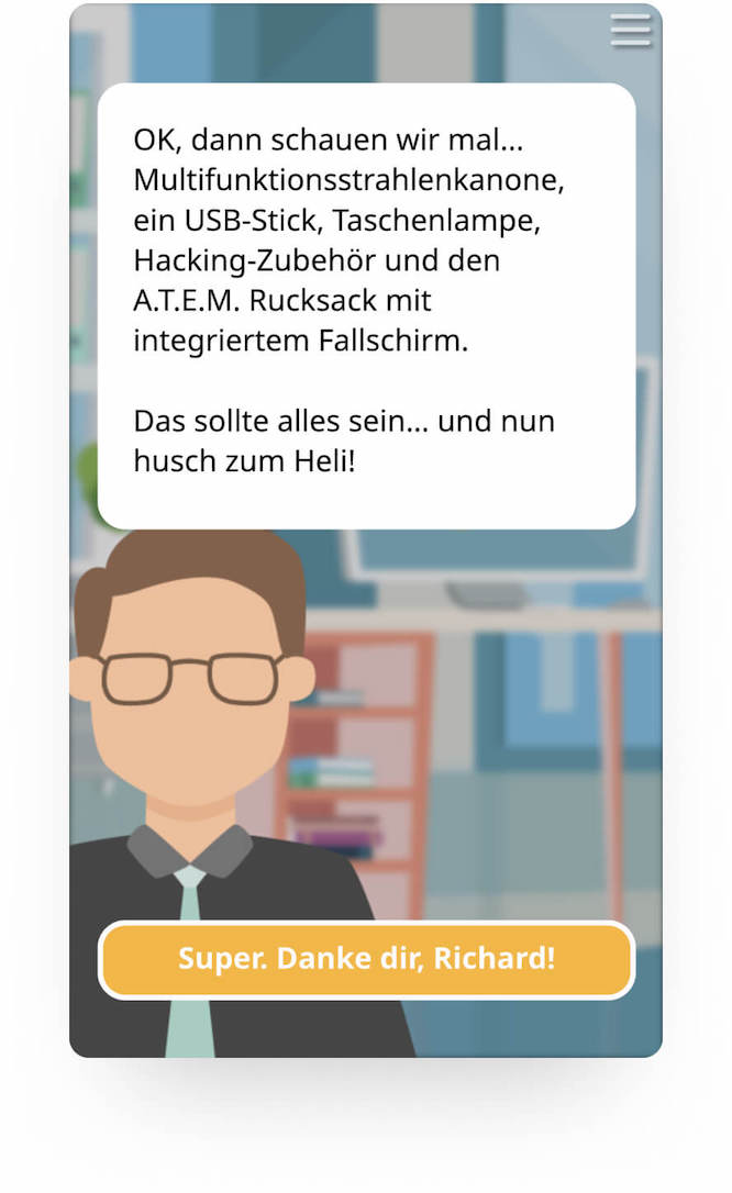 Illustration eines Mannes mit Brille und Sprechblase mit Ausrüstungsliste und Dankesnachricht.
