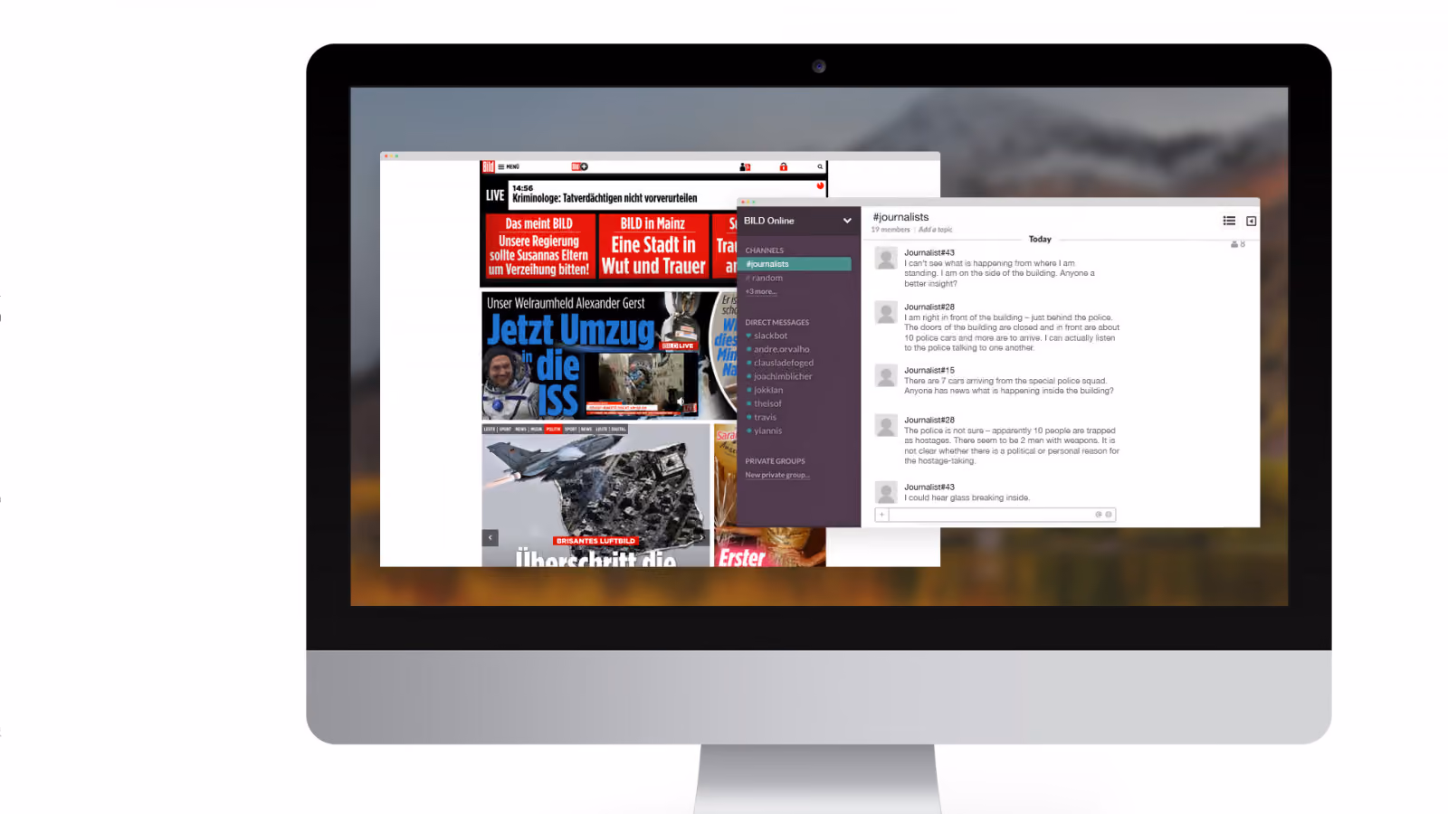 Bild.de Webseite und Chatfenster mit Journalistenmeldungen zu einem Polizeieinsatz auf einem Desktop-Monitor.