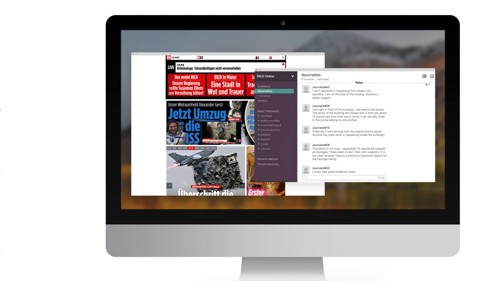 Bild.de Webseite und Chatfenster mit Journalistenmeldungen zu einem Polizeieinsatz auf einem Desktop-Monitor.