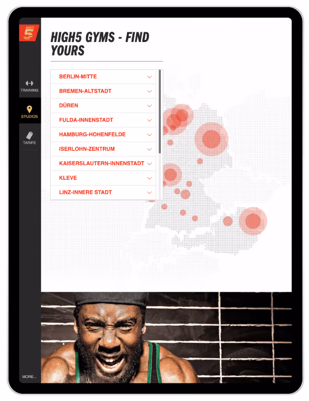 Webseite zeigt High5 Gyms-Standorte in Deutschland mit Liste und Karte, darunter ein sportlicher Mann.